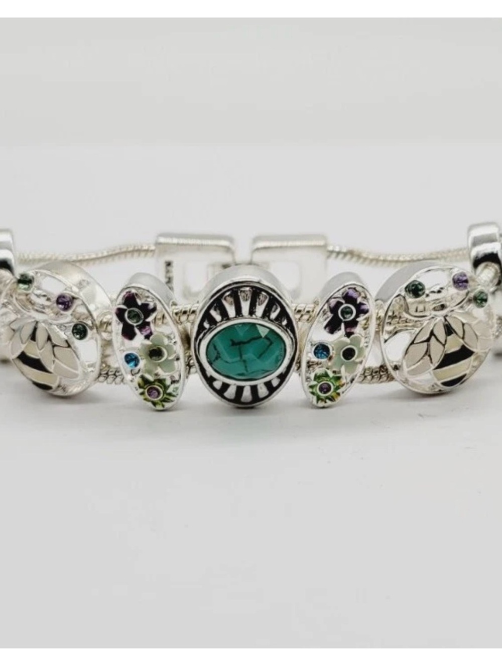 Napier Bee Bug Sliding Panel Bracelet Flower Faux Crystal Enamel Silver tone 7"